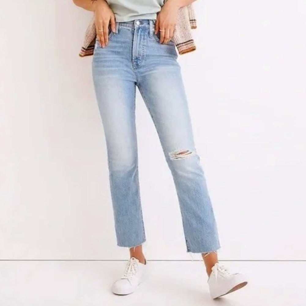 MADEWELL THE PERFECT VINTAGE JEANS KNEE RIP STRAIGHT STRETCH DENIM HIGH RISE 24